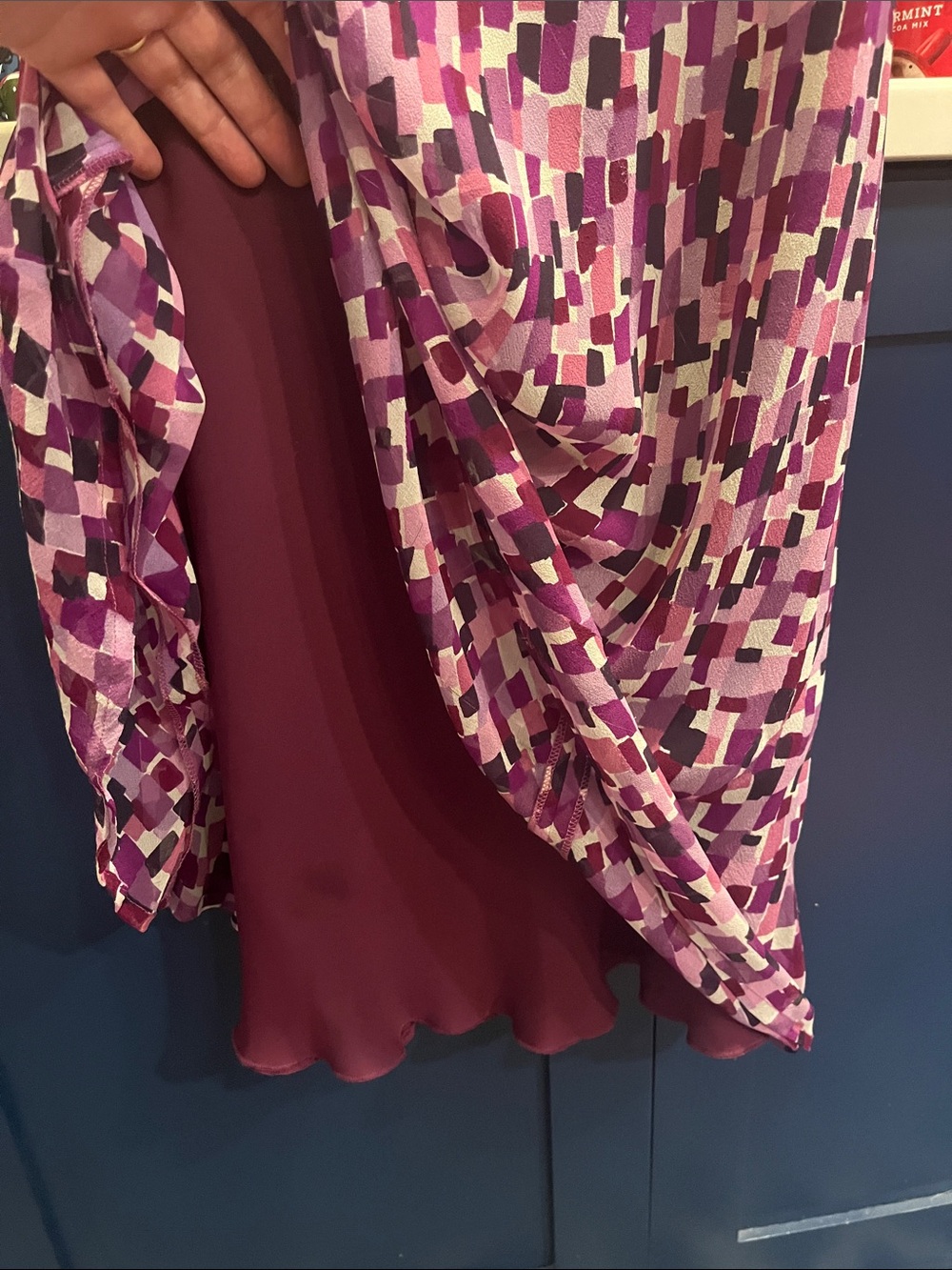 Karen Kane 100% Silk Bias Cut Stretch Maxi Dress Abstract Purple Size Small - Picture 13 of 16